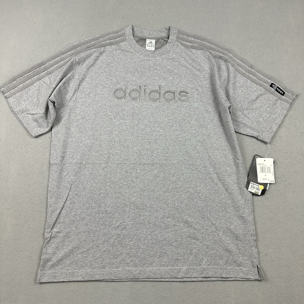 Adidas Shirt Men Large Grey Heather 3-Stripe Sleeve Linear Top Y2K Deadstock L